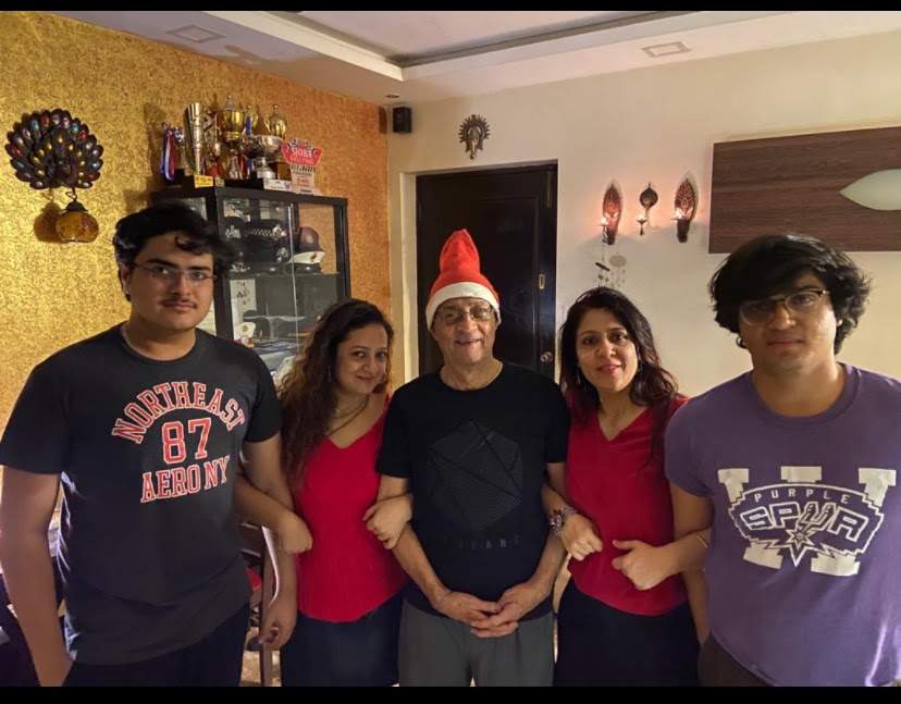 Harish Chandra Pant (centre) pictured with two grandsons and two daughters, including Shanu Pande (right).