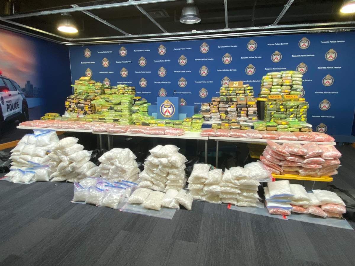 Cocaine and crystal meth seized by Toronto Police in “Project Finito” on display at headquarters during a press conference on Nov. 17, 2023.