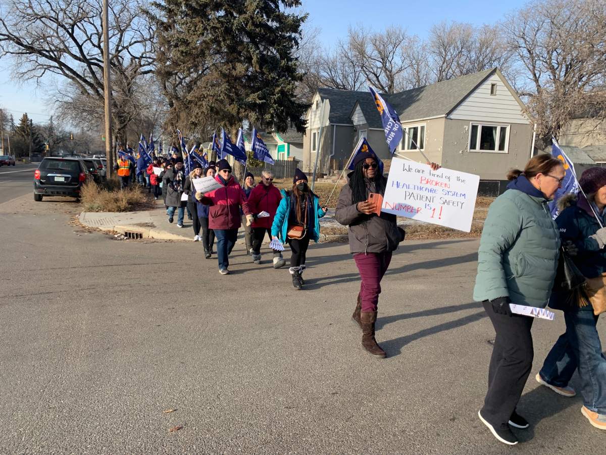 Nurses rally at St. Paul’s Hospital in Saskatoon on Nov. 27, 2023.