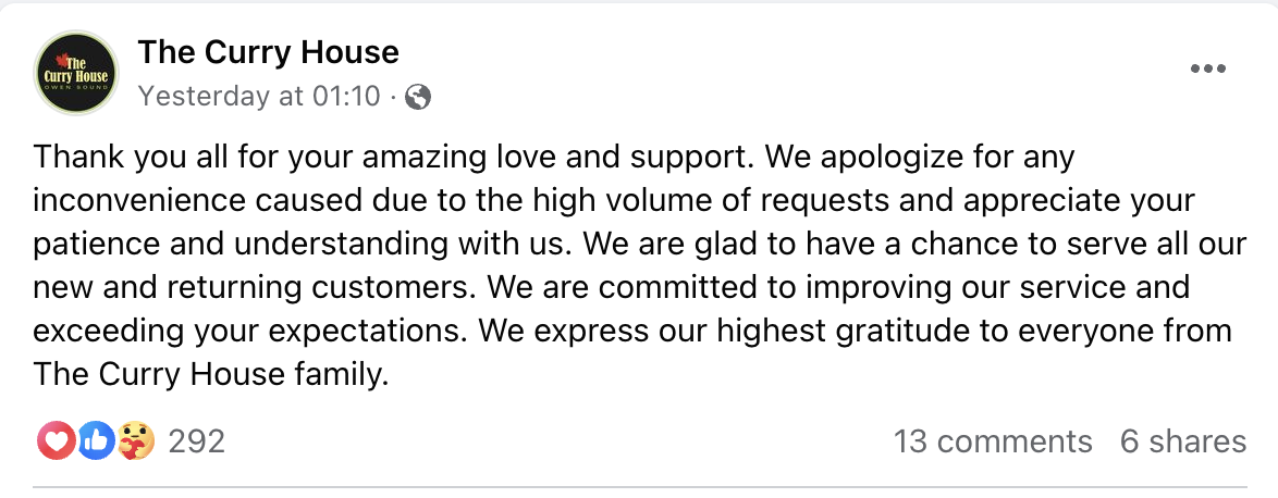 The Curry House Facebook post.
