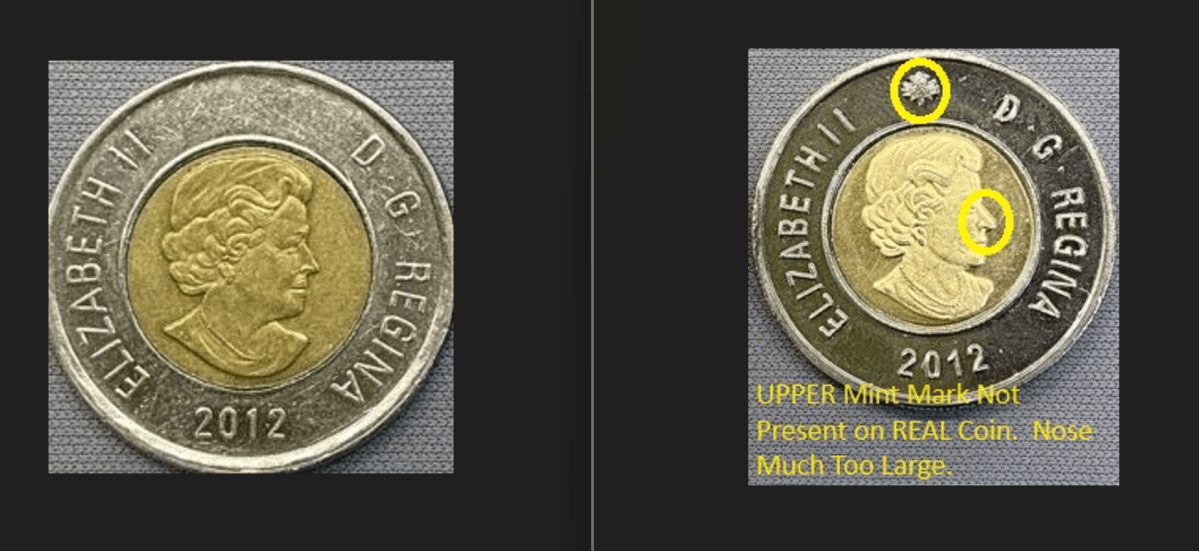 Heads side of fake and genuine $2 coins