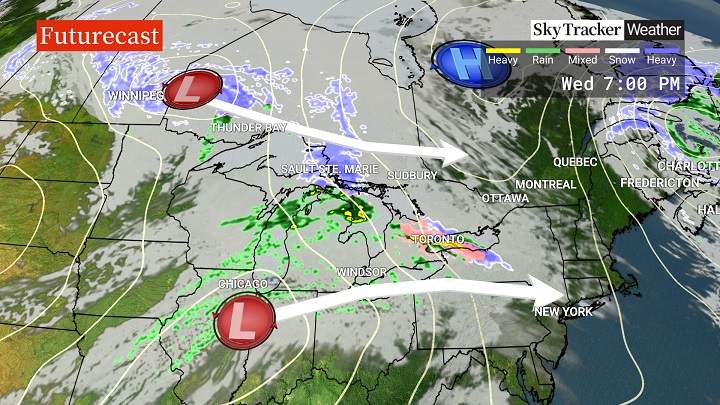 Southwest Ontario, Niagara Region and most of the Greater Toronto Area are likely to just see cold rain, with temperatures set to remain above freezing on Wednesday and Thursday.