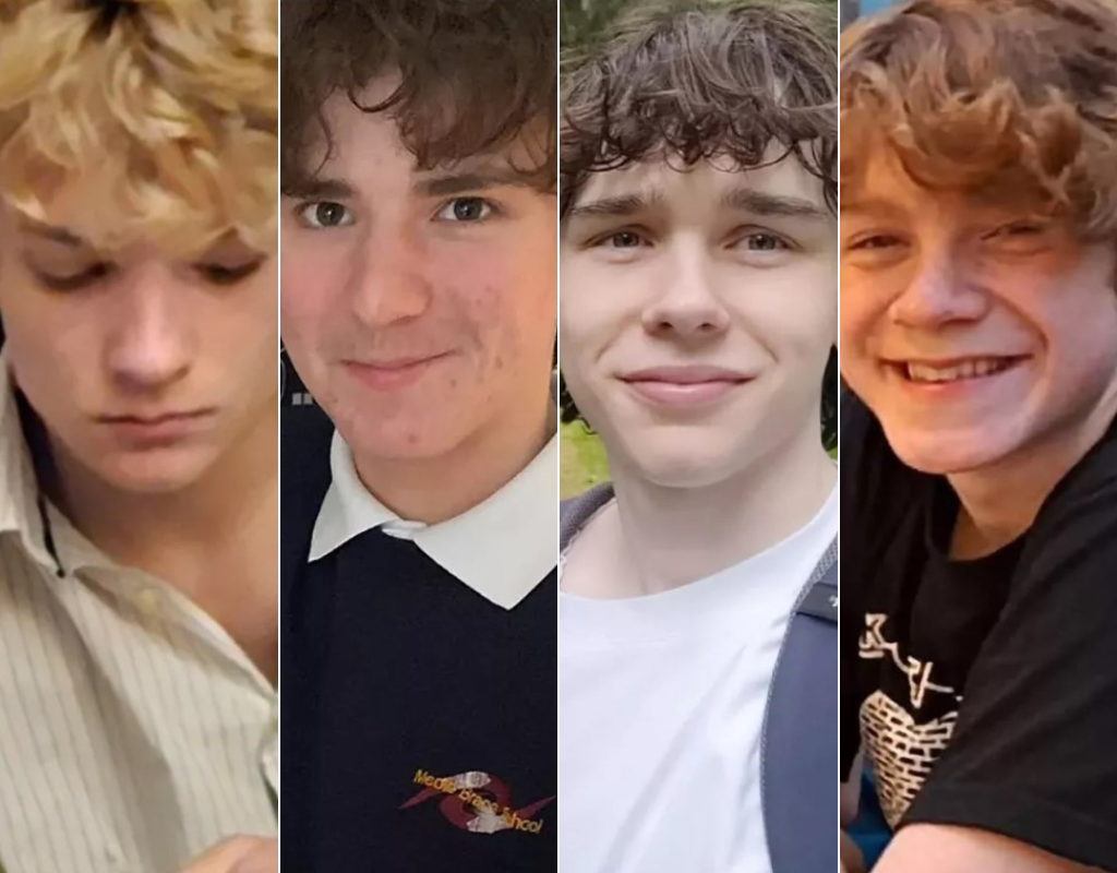 (L-R) Wilf Fitchett, Harvey Owen, Hugo Morris and Jevon Hirst were attempting a camping trip but their car ended up in a river before they reached their destination.