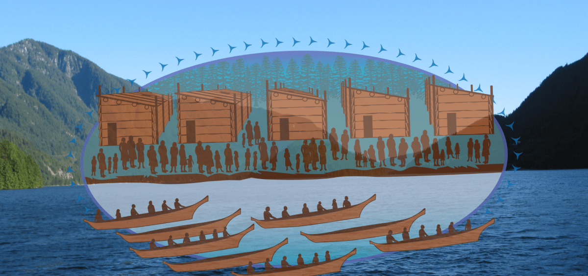 An illustration over top of a photo of the Burrard Inlet