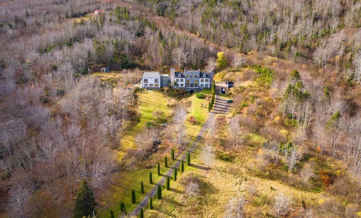 An aerial shot of the long driveway that leads to the two-story castle.