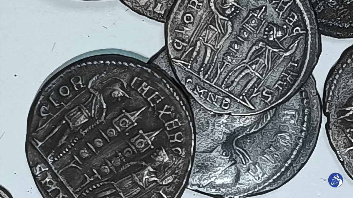 A close-up of several Roman coins.