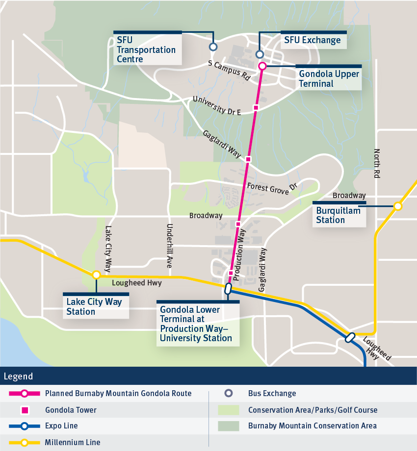 Endorsed route of the proposed Burnaby Mountain Gondola.