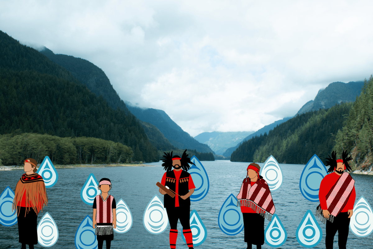 An image of the Burard Inlet is seen with people drawn overtop