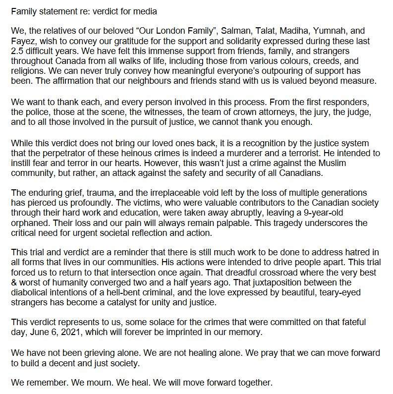 An image of the family statement released after the verdict in the London, Ont., attack trial.