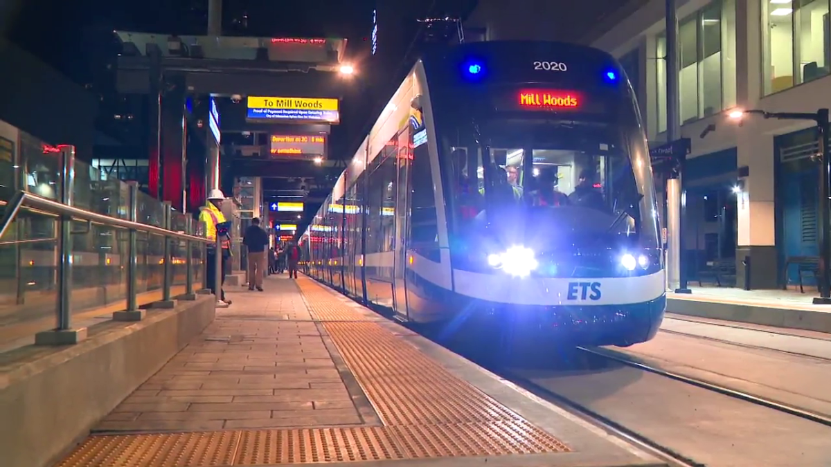 Edmonton's Valley Line Southeast LRT leaves the 102nd Street station for its inaugural run.