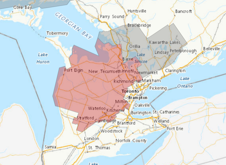 Areas shaded in red are under a freezing rain warning.