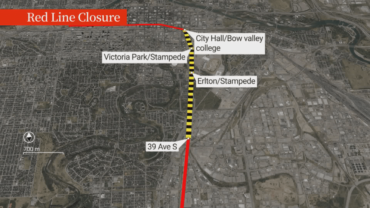 A map showing the section of Calgary’s Red Line LRT that will be closed between Nov. 24 and Dec. 4.