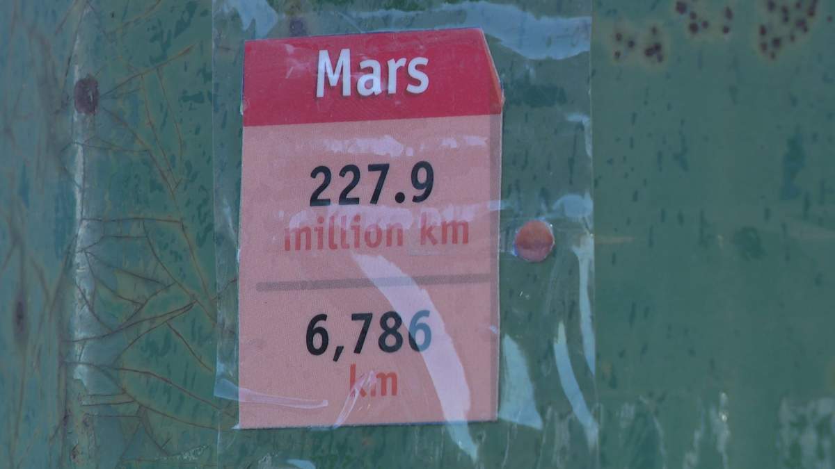 The card Roman placed on Pinehouse Drive, showing Mars scaled correctly to his four-kilometre solar system route.