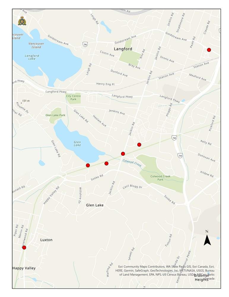 A map of the location of alleged indecent acts committed in Langford.