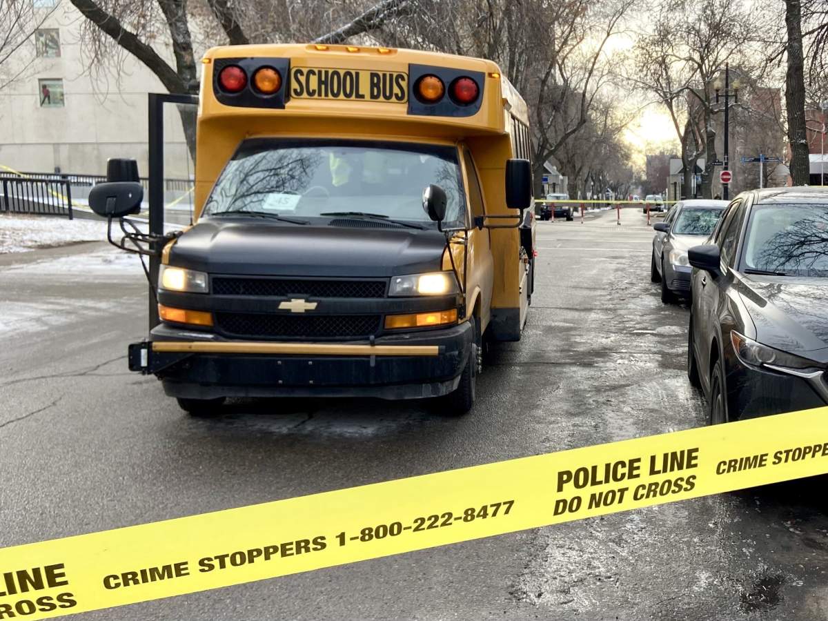 Collision between school bus and pedestrian near 110 Street and 99 Avenue on Dec. 8, 2023.