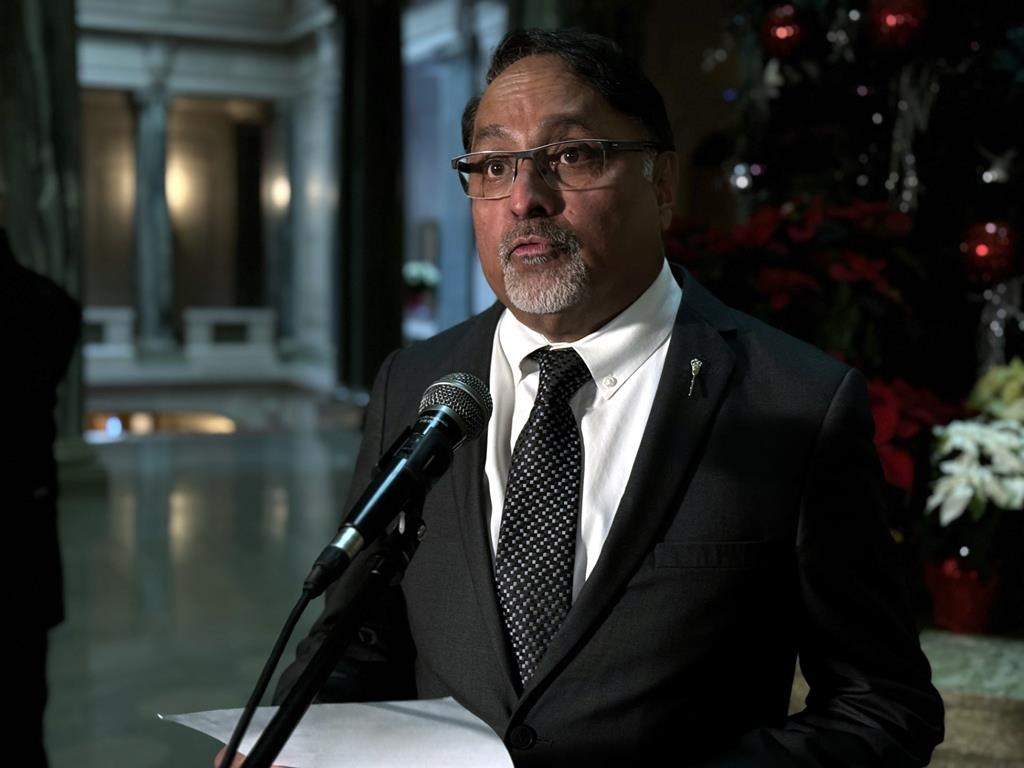 Saskatchewan Party legislator Gary Grewal speaks to reporters on Monday Dec. 4, 2023 in Regina. Grewal spoke about allegations his motel increased rates for a social services recipient when the government started to pay for her stay. THE CANADIAN PRESS/Jeremy Simes.