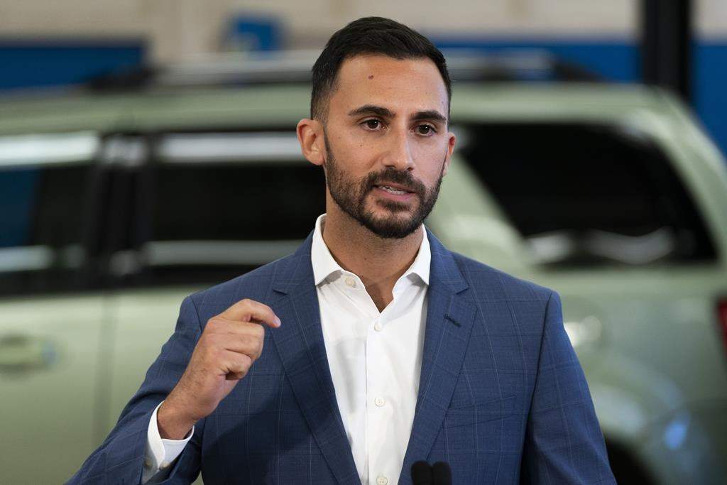 Ontario Education Minister Stephen Lecce delivers remarks at Lakeshore Collegiate Institute in Toronto, on Thursday, Aug. 31, 2023. Lecce says he is introducing a new process for building schools that will cut timelines in half.
