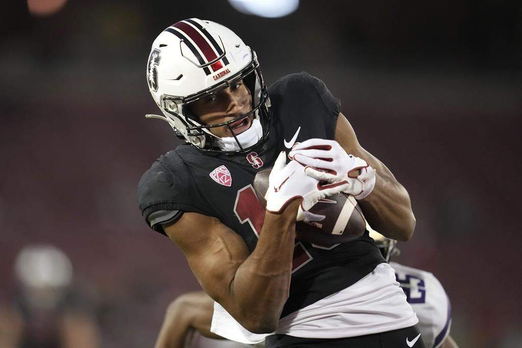 Stanford wide receiver Elic Ayomanor catches a touchdown pass against Washington during the second half of an NCAA college football game in Stanford, Calif., on October 28, 2023.