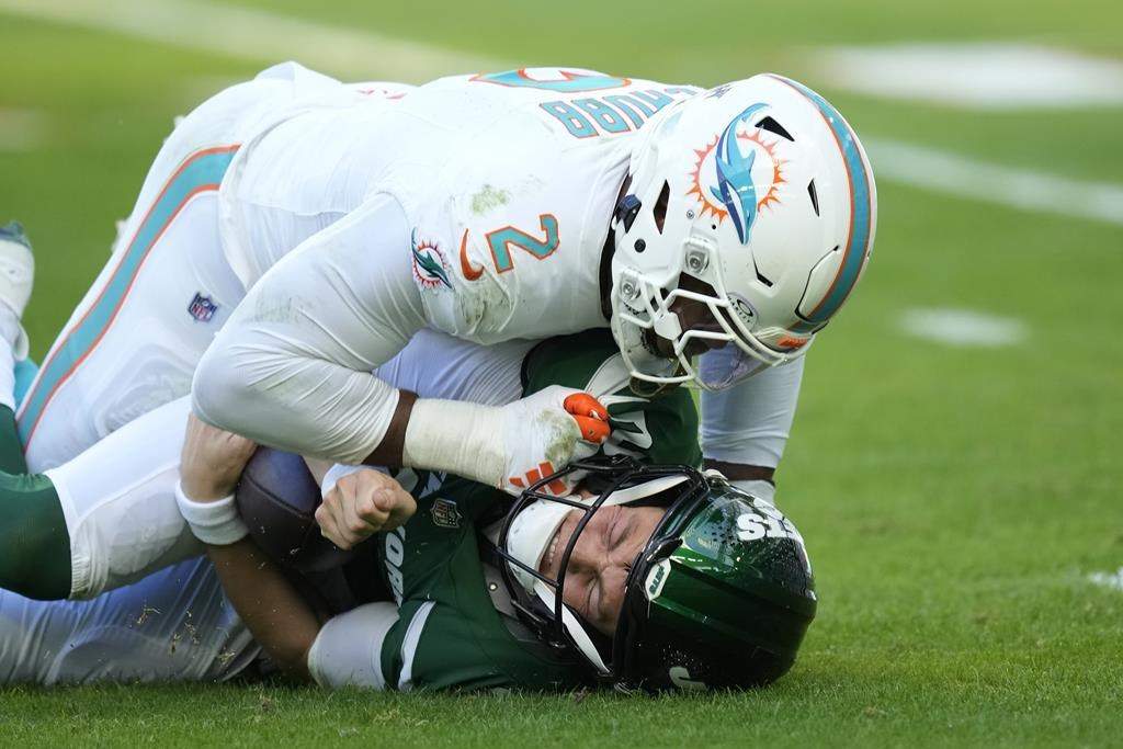 FILE - New York Jets quarterback Zach Wilson (2) grimaces after he is sacked by Miami Dolphins linebacker Bradley Chubb (2) during the first half of an NFL football game, Sunday, Dec. 17, 2023, in Miami Gardens, Fla. (AP Photo/Rebecca Blackwell).