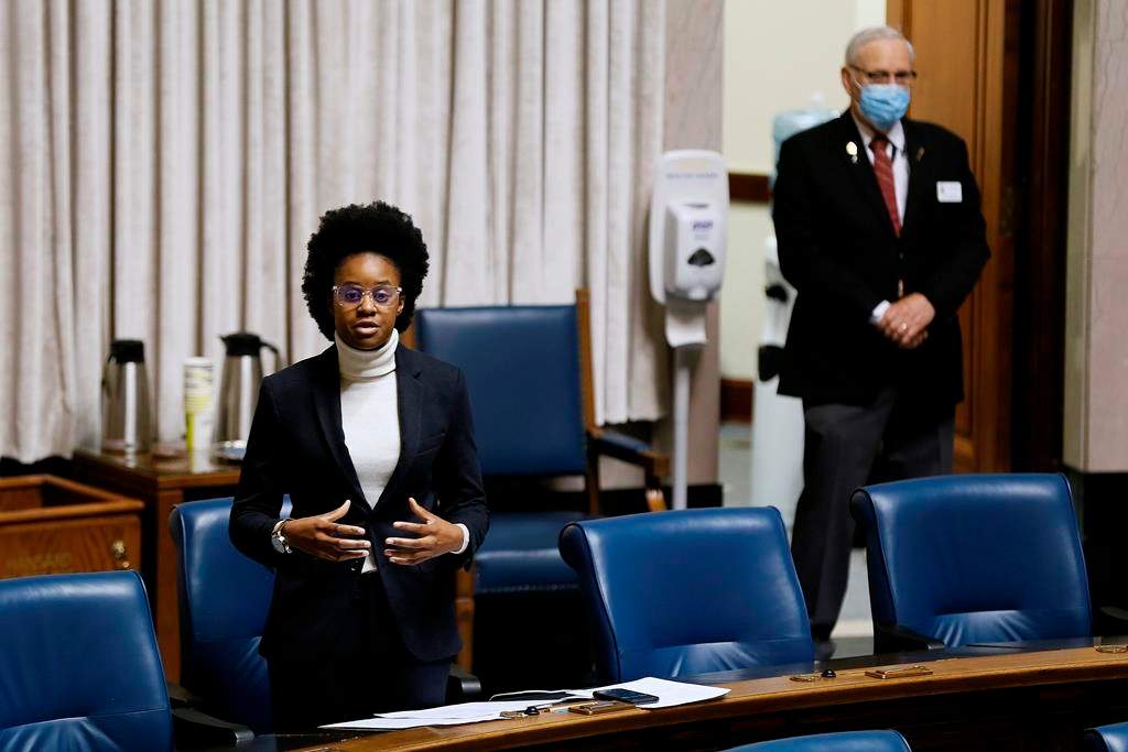 Uzoma Asagwara speaks during question period at the Manitoba Legislature in Winnipeg, Wednesday, May 6, 2020. THE CANADIAN PRESS/John Woods.