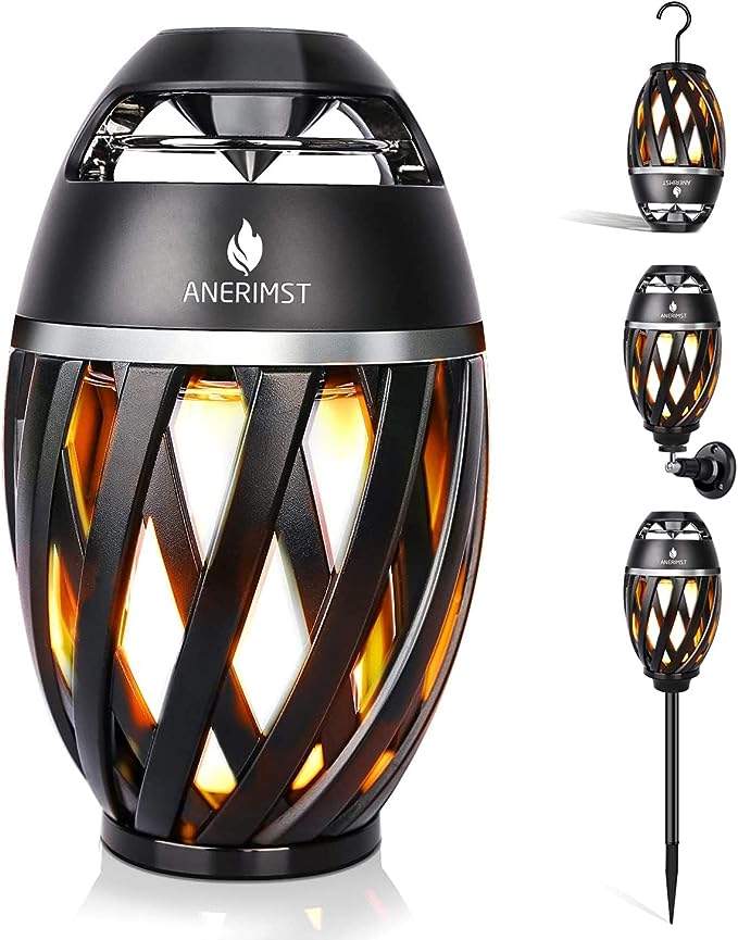 An outdoor speaker that can emulate the light of a flickering fire.