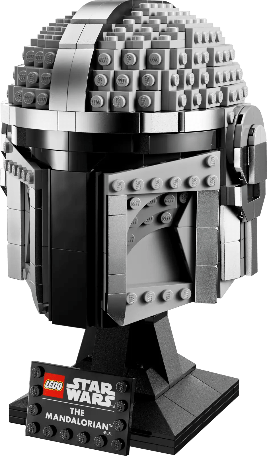 A LEGO Mandalorian helmet, from the hit 'Star Wars' show 'The Mandalorian.'
