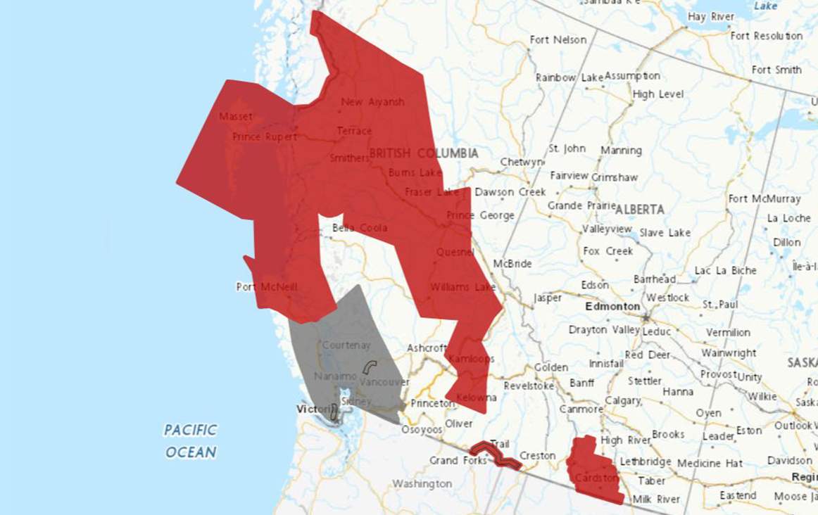 A map showing several weather warnings that were issued early Saturday for many regions of B.C., on Saturday, Dec. 9, 2023.