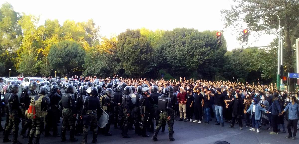Iranian demonstrators facing police during protest for Mahsa Amini, Sept. 19, 2022. Photo by SalamPix/ABACAPRESS.COM