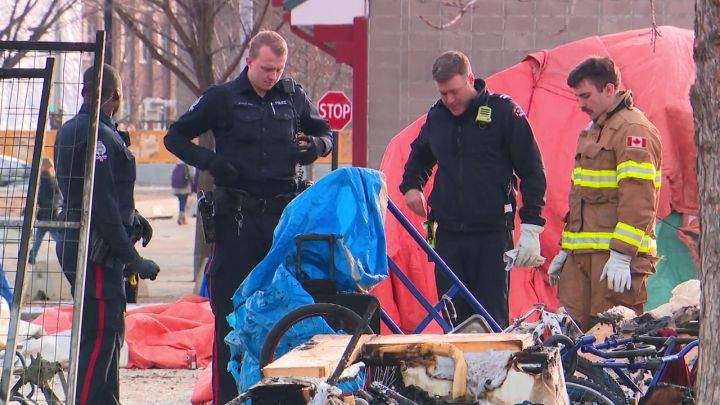 EFRS extinguish a blaze at an encampment fire in downtown Edmonton.