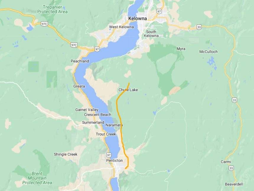 A map showing where a proposed FortisBC 30-kilometre natural gas pipeline would be built, along the eastern side of Okanagan Lake.