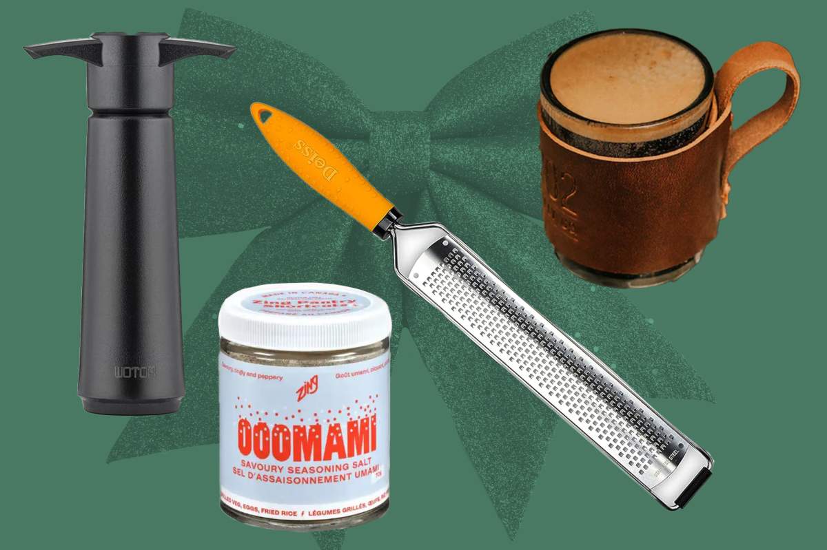 images of a wine stopper, espresso mug, grater and salts