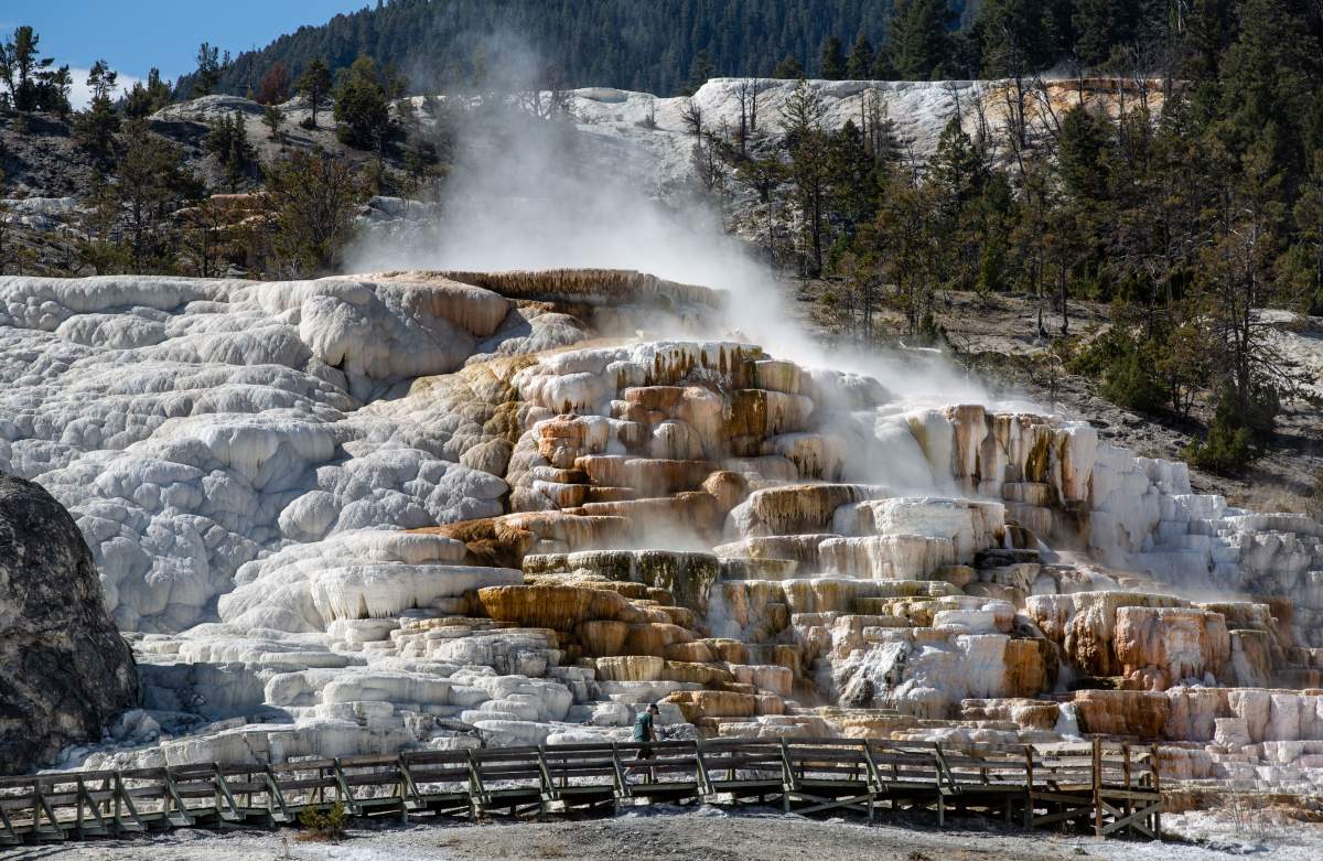 Rock structures steaming, covered in minerals.