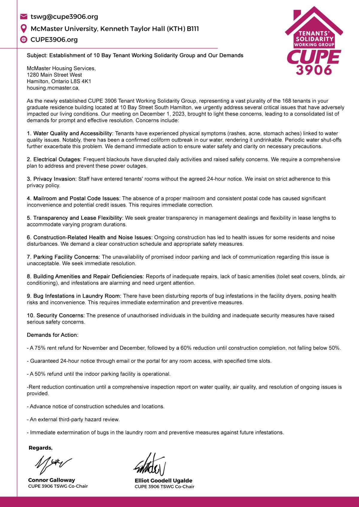 The letter sent to McMaster Housing Services on behalf of the tenants of 10 Bay.