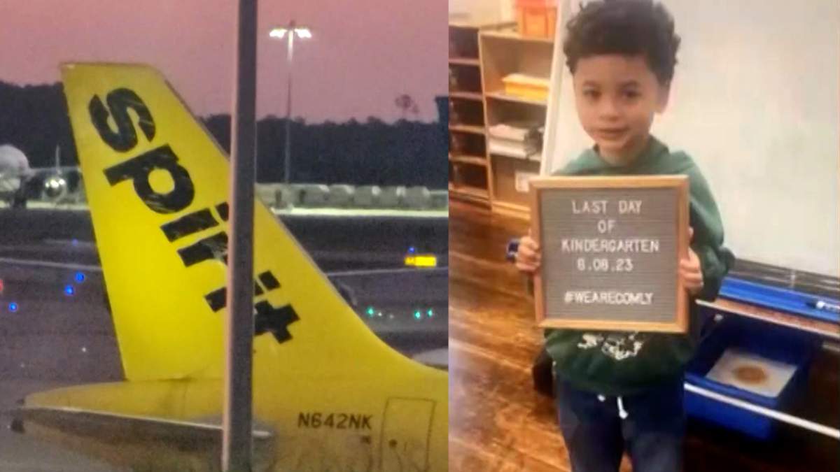 Split screen image of a Spirit Airlines flight and a 6-year-old boy named Casper who was put on the wrong flight while travelling alone on Christmas.