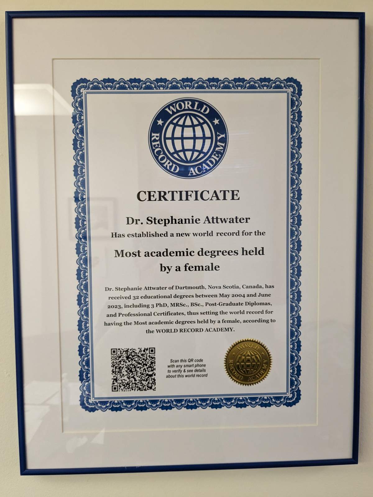 Attwater’s certificate from the World Record Academy hangs on the wall in her Dartmouth office.