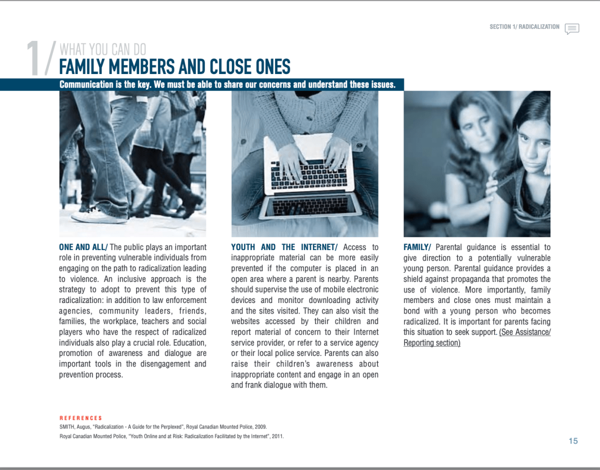 Page from RCMP pamphlet on youth radicalization.