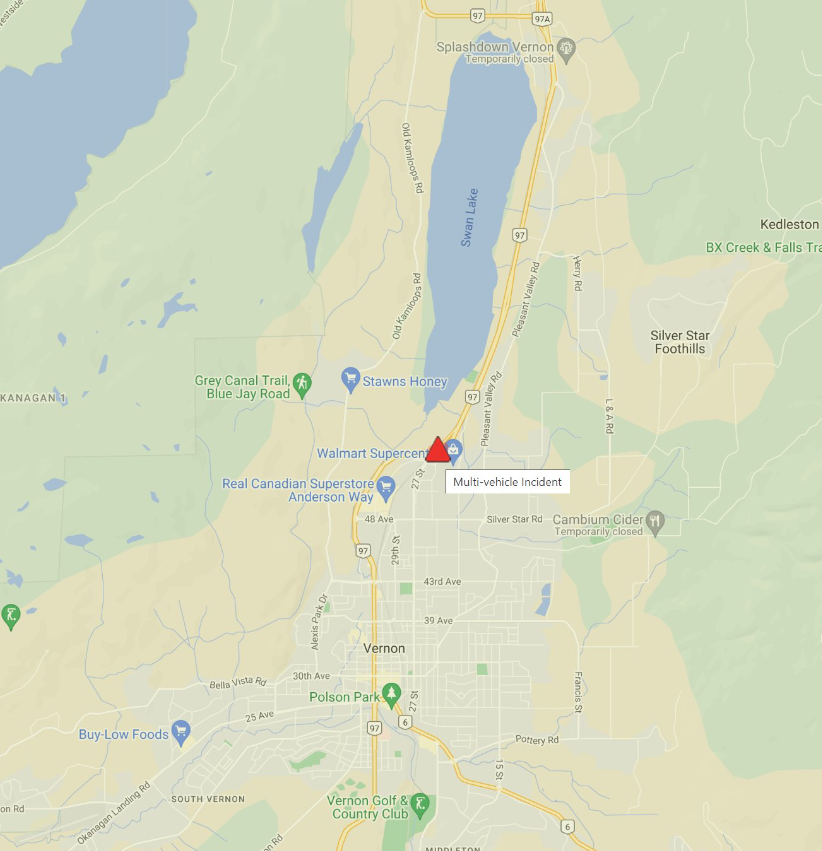 Highway 97 is shutdown southbound between 48th Avenue and Stickle Road in Vernon.