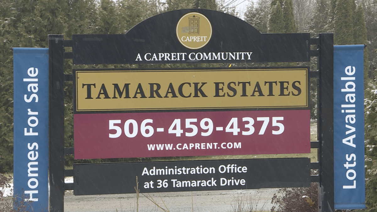 A sign that says Tamarack Estates, above a phone number and email. At the top of the sign it says, "A CAPREIT community."