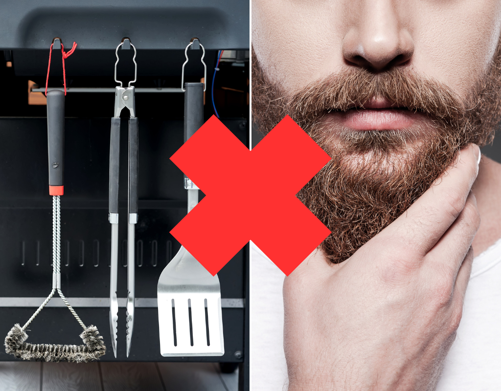 A split screen image of barbequing tools on the left and beard oil being applied on the right.