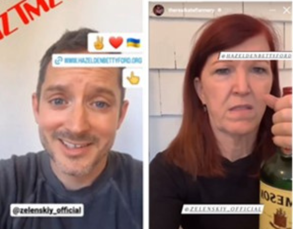 Screengrabs of manipulated Cameo videos created by actors Elijah Wood and Kate Flannery that were reportedly used in a Russian propaganda campaign.