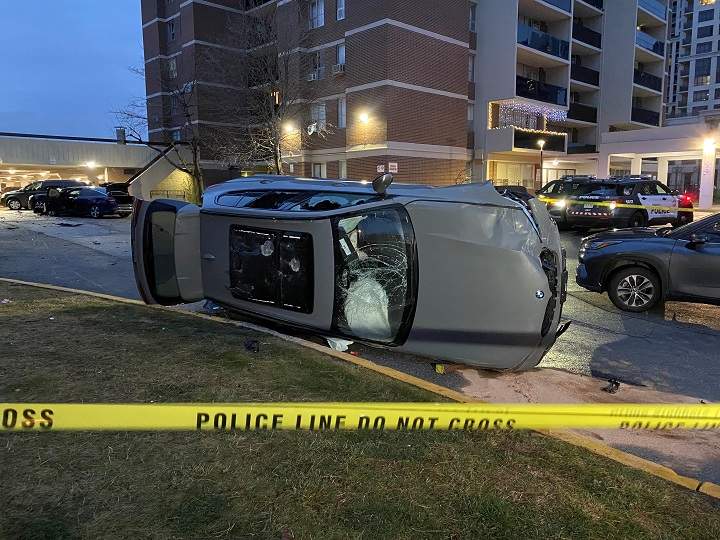 The scene of the rollover in Etobicoke Monday morning.