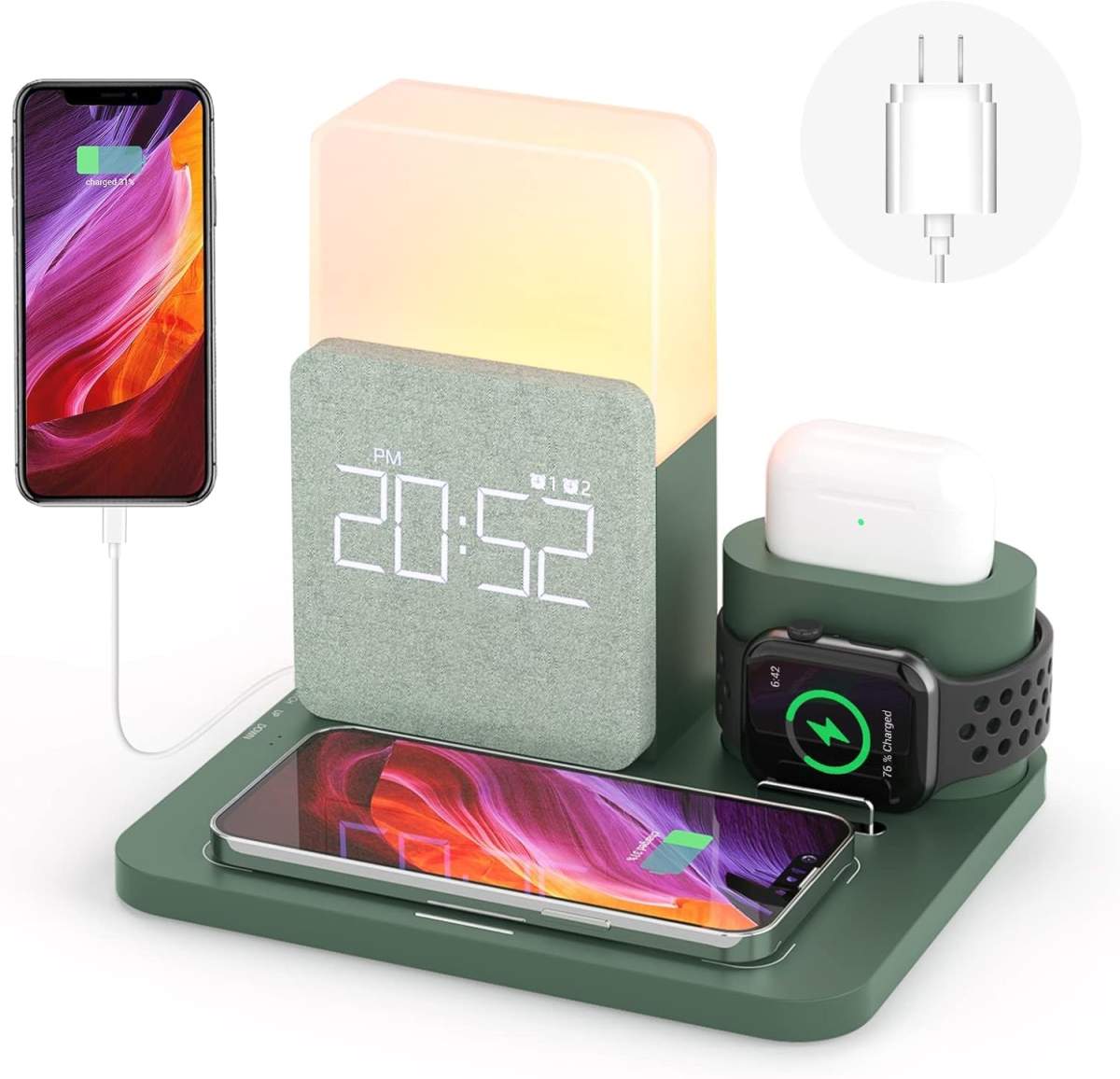 A charging station with an alarm clock.