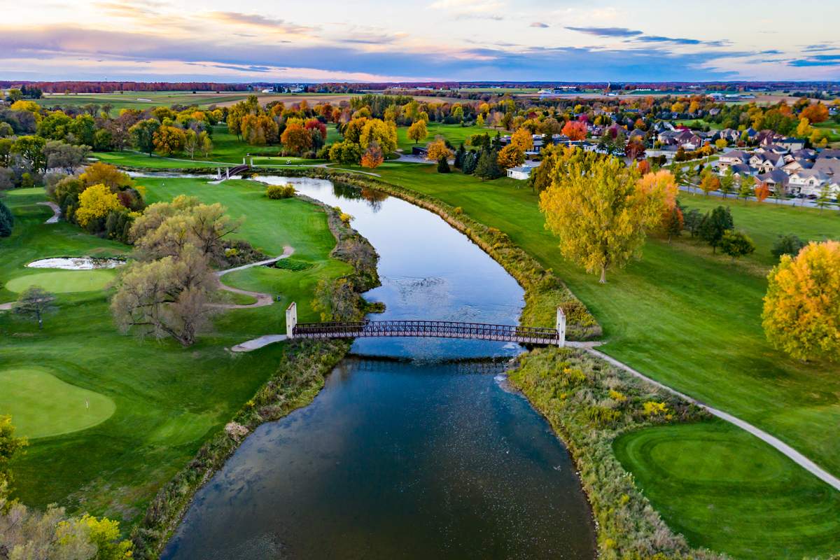 Aerial Grand River at dusk close to St. Jacobs, Ont.