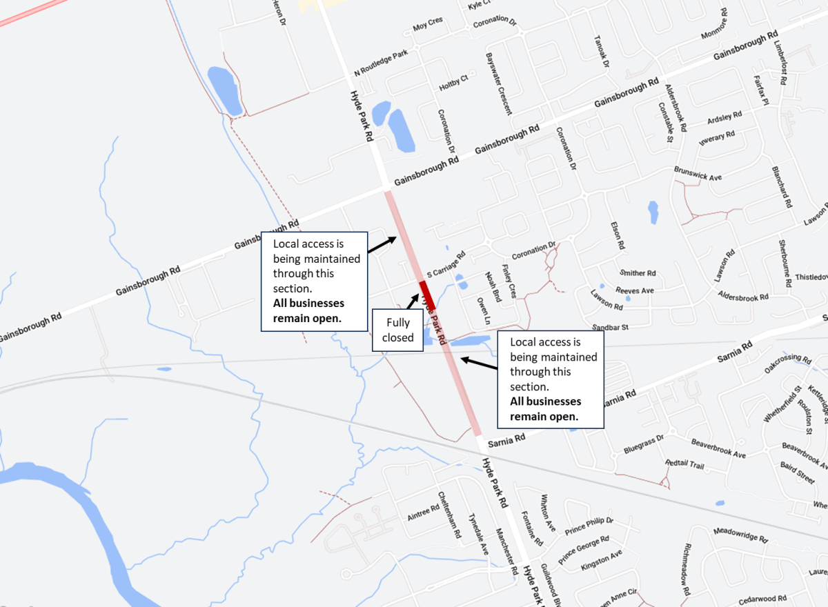 A map graphic showing the road closure on Hyde Park Road for work near South Carriage Road in London, Ont.