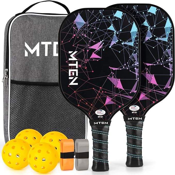 A pickleball set of two paddles, four balls and a bag.
