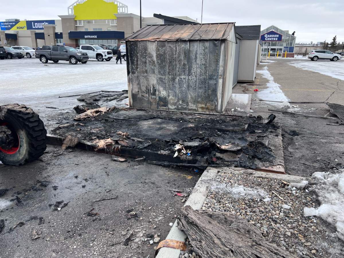 What's left of a shed at a home improvement store in Calgary's Crowfoot Crossing on Dec. 11, 2023.