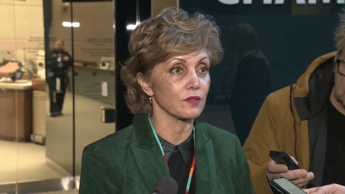 Calgary Mayor Jyoti Gondek speaks with reporters in city hall on Dec. 12, 2023.