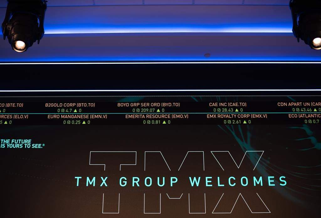 The S&P TSX composite index screen at the TMX Market Centre in downtown Toronto is seen Friday, Nov. 11, 2022.