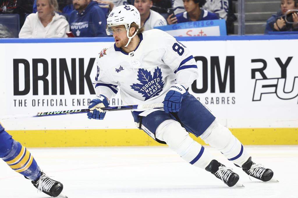 Toronto Maple Leafs winger William Nylander (88) skates during first period NHL action against the Buffalo Sabres on Dec. 21, 2023, in Buffalo, N.Y.