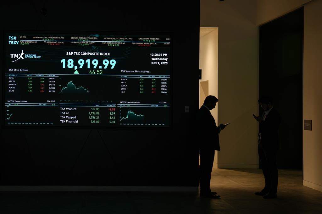 A signboard is displayed at the TMX in Toronto, Wednesday, Nov. 1, 2023. THE CANADIAN PRESS/Chris Young.